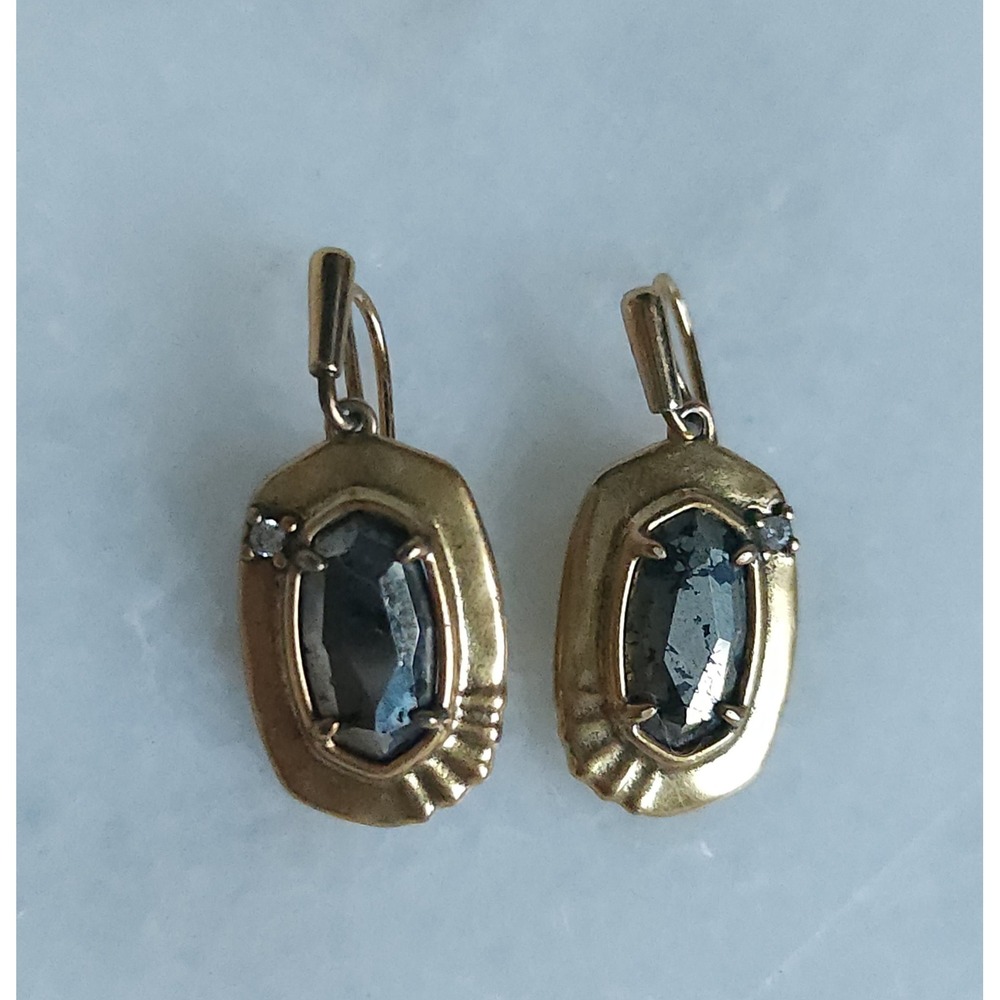 Kendra Scott Gold Tone Drop Earrings Gray Stone Vtg Style Glamour Goth Statement